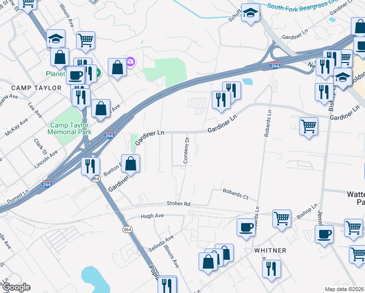 map of restaurants, bars, coffee shops, grocery stores, and more near 4306 Conaem Drive in Louisville