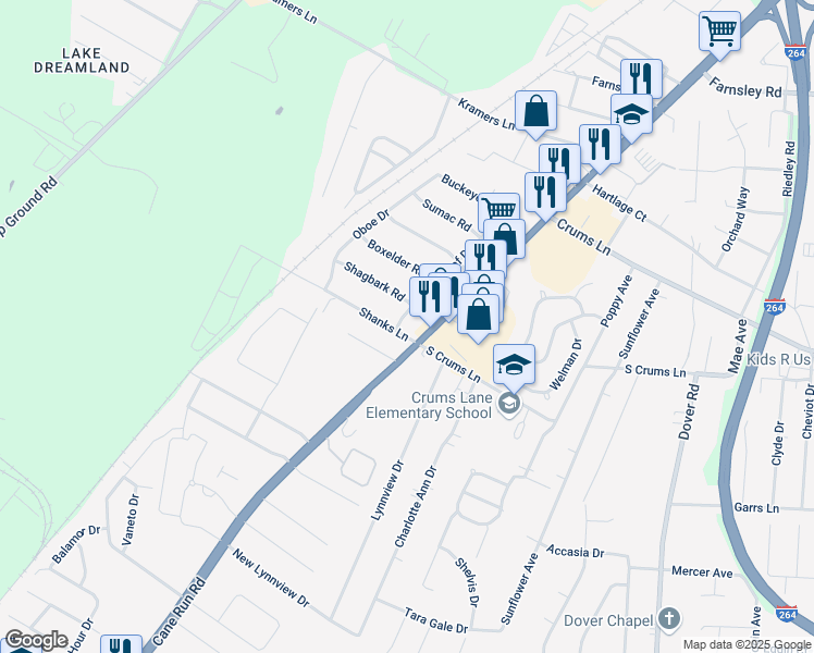 map of restaurants, bars, coffee shops, grocery stores, and more near 3401 Shanks Lane in Louisville