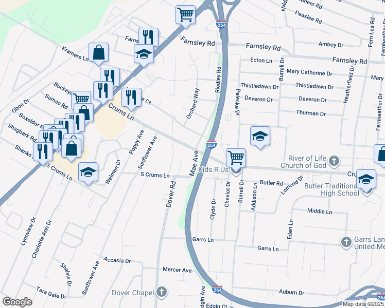 map of restaurants, bars, coffee shops, grocery stores, and more near 4300 Mae Avenue in Louisville