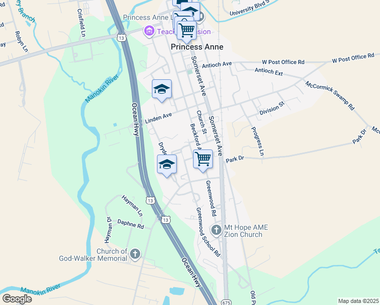 map of restaurants, bars, coffee shops, grocery stores, and more near 11464 Peters Avenue in Princess Anne