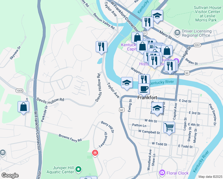 map of restaurants, bars, coffee shops, grocery stores, and more near 625 Kentucky 1211 in Frankfort