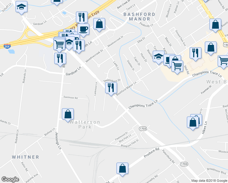 map of restaurants, bars, coffee shops, grocery stores, and more near 3441 Newburg Road in Louisville