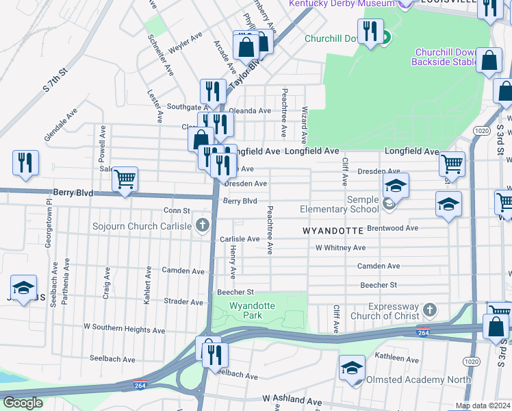 map of restaurants, bars, coffee shops, grocery stores, and more near 1110 Berry Boulevard in Louisville