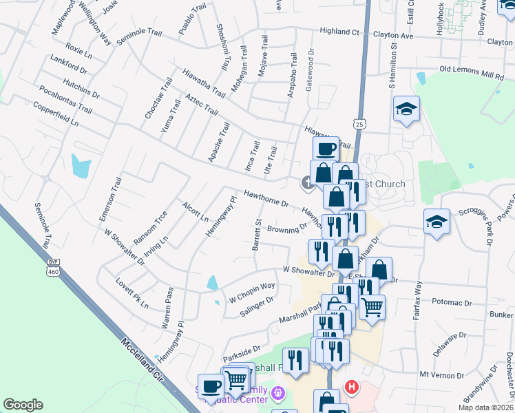 map of restaurants, bars, coffee shops, grocery stores, and more near 102 Barrett Street in Georgetown