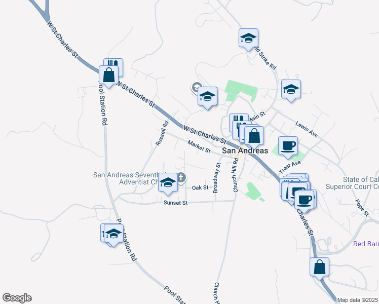 map of restaurants, bars, coffee shops, grocery stores, and more near 265 Mariposa Street in San Andreas