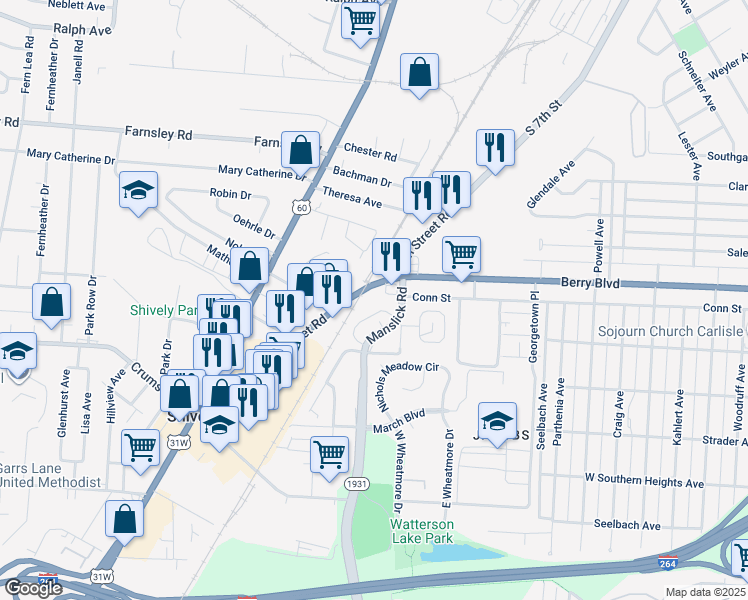 map of restaurants, bars, coffee shops, grocery stores, and more near 3508 Manslick Road in Louisville