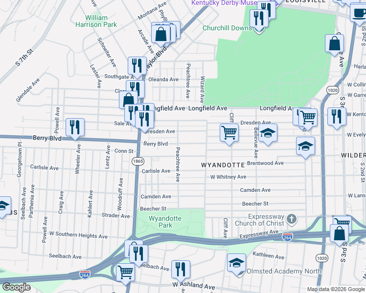 map of restaurants, bars, coffee shops, grocery stores, and more near 1026 Berry Boulevard in Louisville