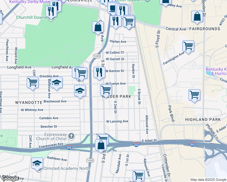 map of restaurants, bars, coffee shops, grocery stores, and more near 4116 South 2nd Street in Louisville