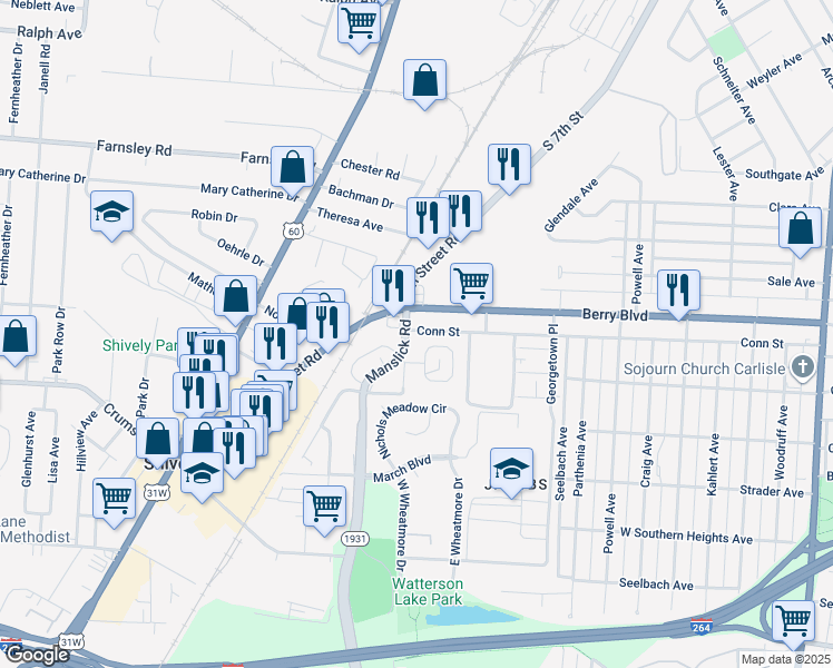 map of restaurants, bars, coffee shops, grocery stores, and more near 3507 Manslick Road in Louisville