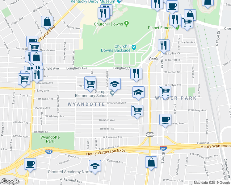 map of restaurants, bars, coffee shops, grocery stores, and more near 705 Denmark Street in Louisville