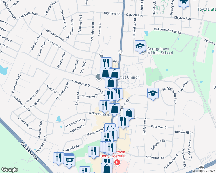 map of restaurants, bars, coffee shops, grocery stores, and more near 102 Pocahontas Trail in Georgetown