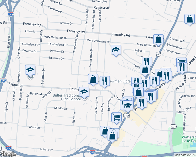map of restaurants, bars, coffee shops, grocery stores, and more near 3509 Janell Road in Louisville