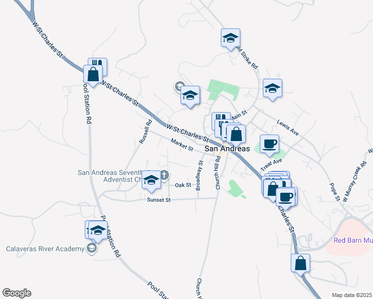 map of restaurants, bars, coffee shops, grocery stores, and more near 177 Market Street in San Andreas