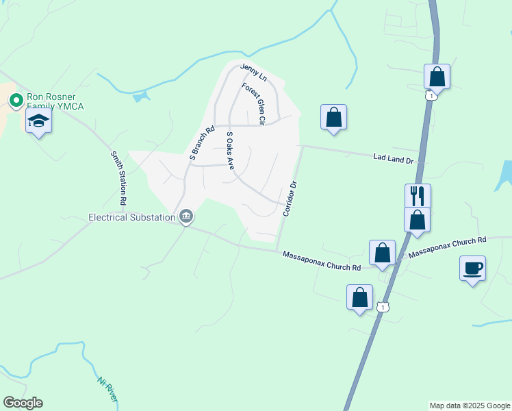 map of restaurants, bars, coffee shops, grocery stores, and more near 8508 Leslie Court in Fredericksburg