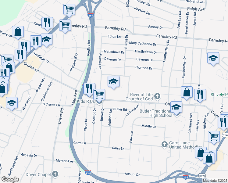 map of restaurants, bars, coffee shops, grocery stores, and more near 2701 Crums Lane in Louisville