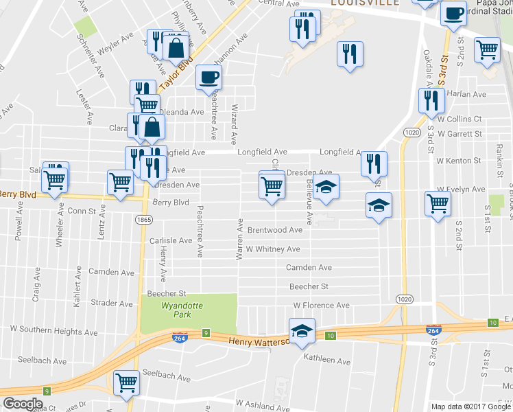 map of restaurants, bars, coffee shops, grocery stores, and more near 923 Denmark Street in Louisville