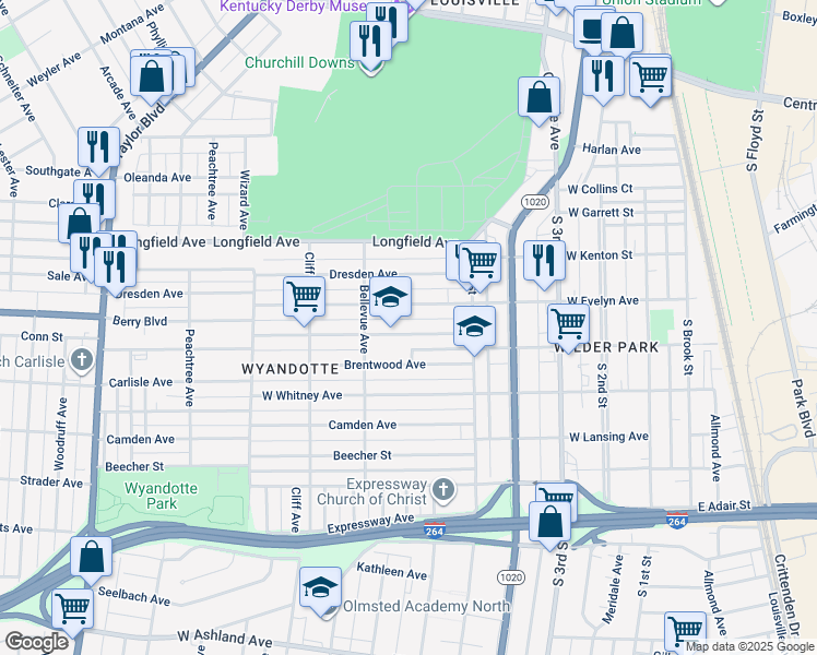 map of restaurants, bars, coffee shops, grocery stores, and more near 705 Denmark Street in Louisville