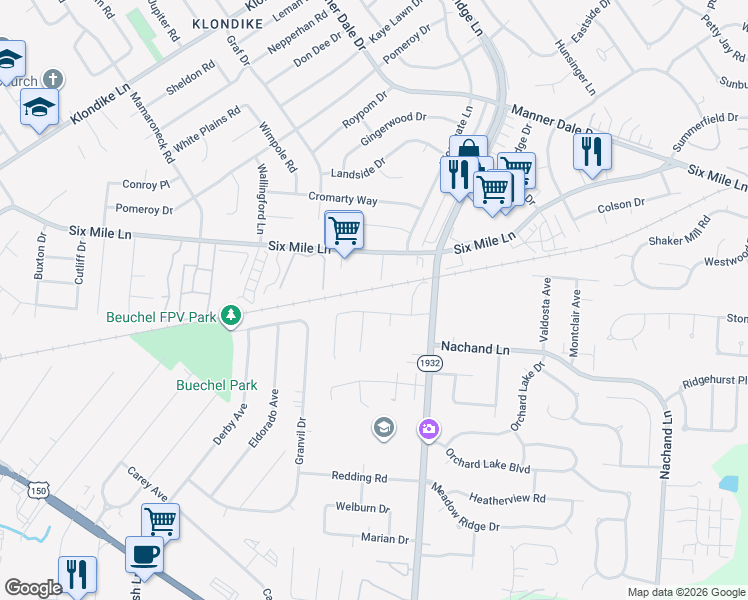 map of restaurants, bars, coffee shops, grocery stores, and more near 6919 Bartlett Road in Louisville