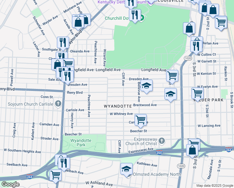 map of restaurants, bars, coffee shops, grocery stores, and more near 923 Denmark Street in Louisville