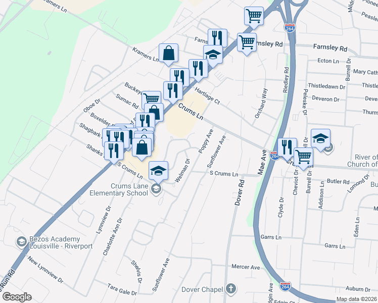 map of restaurants, bars, coffee shops, grocery stores, and more near 3201 Welman Drive in Louisville