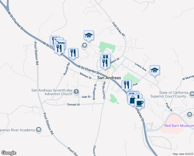 map of restaurants, bars, coffee shops, grocery stores, and more near 127 Bellview Street in San Andreas