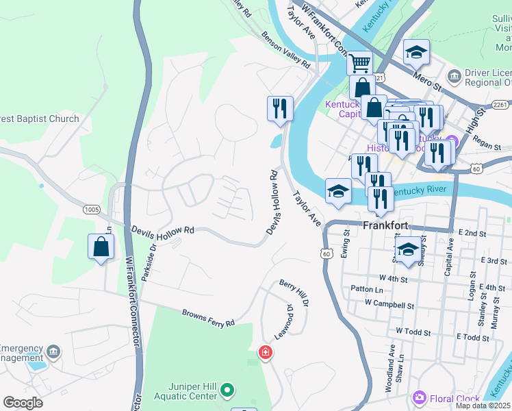 map of restaurants, bars, coffee shops, grocery stores, and more near 100 Pinnacle Court in Frankfort