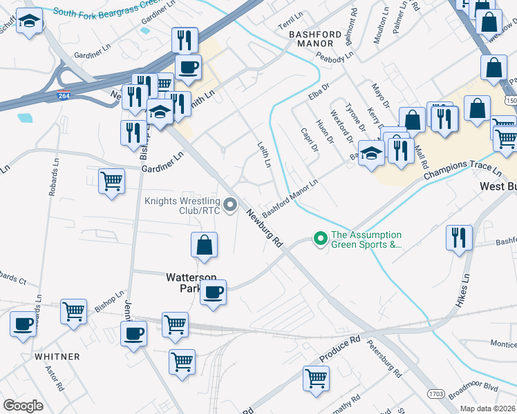 map of restaurants, bars, coffee shops, grocery stores, and more near 1805 Bashford Manor Lane in Louisville