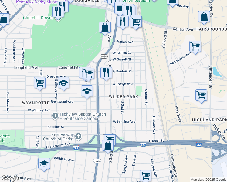 map of restaurants, bars, coffee shops, grocery stores, and more near 4116 South 2nd Street in Louisville