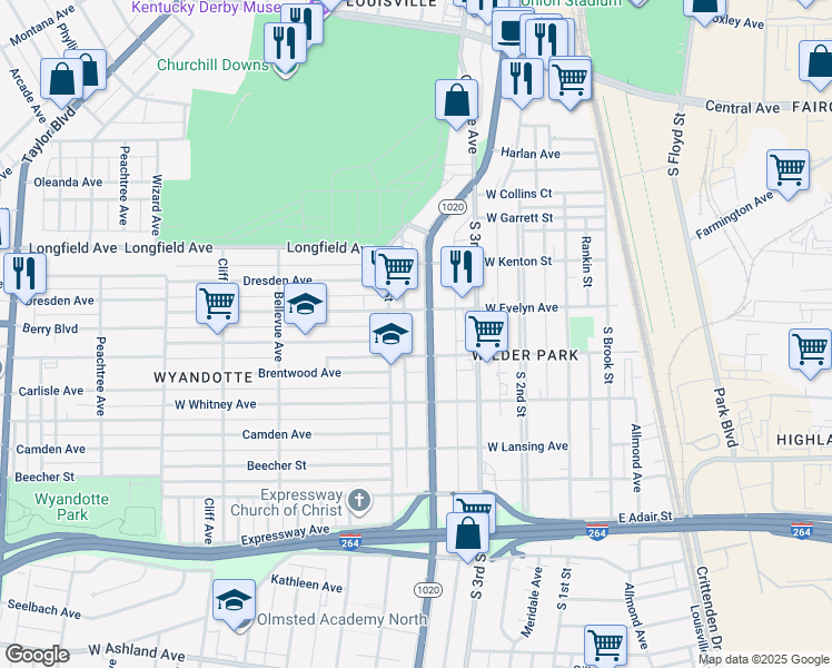 map of restaurants, bars, coffee shops, grocery stores, and more near 4012 Southern Parkway in Louisville