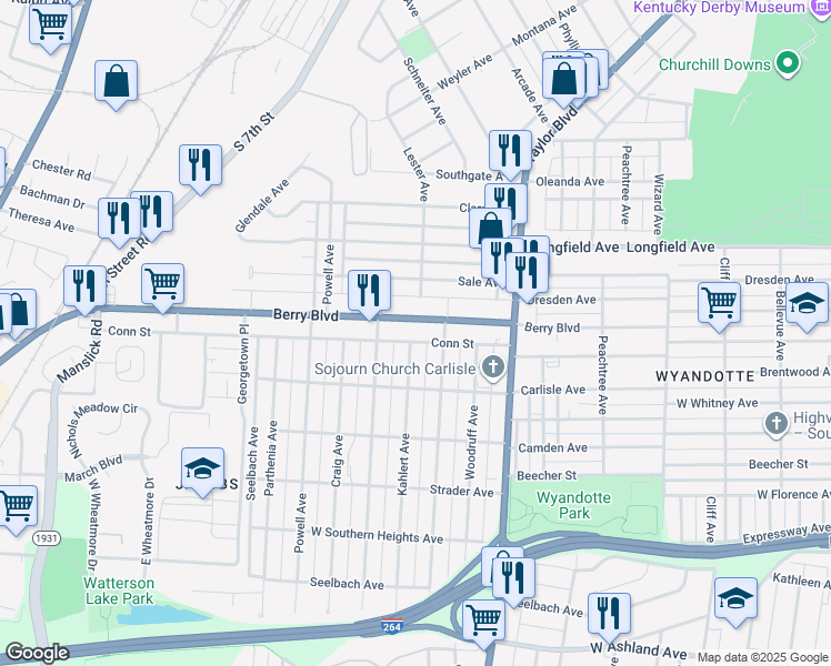 map of restaurants, bars, coffee shops, grocery stores, and more near 1412 Berry Boulevard in Louisville