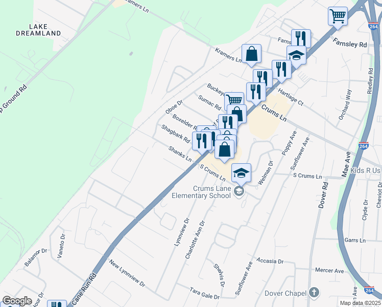 map of restaurants, bars, coffee shops, grocery stores, and more near 3401 Shanks Lane in Louisville