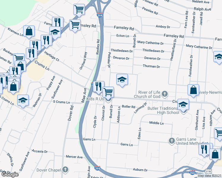 map of restaurants, bars, coffee shops, grocery stores, and more near 3527 Burrell Drive in Louisville