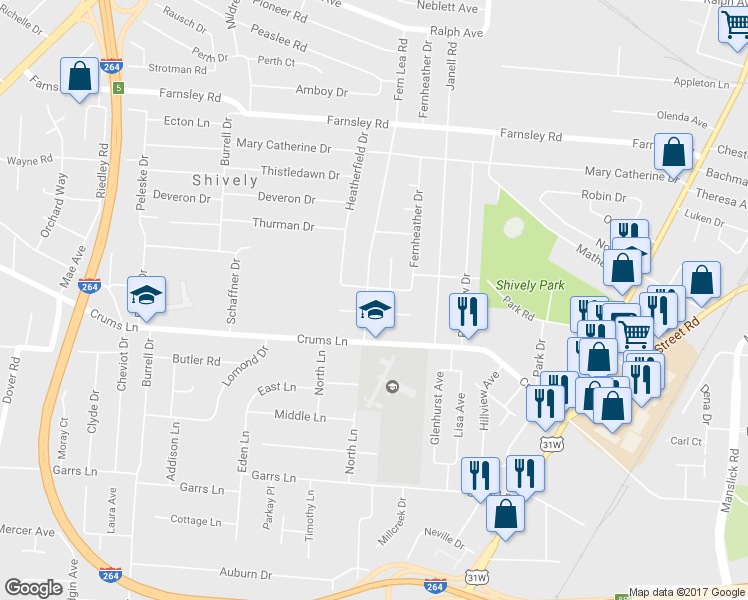 map of restaurants, bars, coffee shops, grocery stores, and more near 3503 Fern Lea Road in Louisville