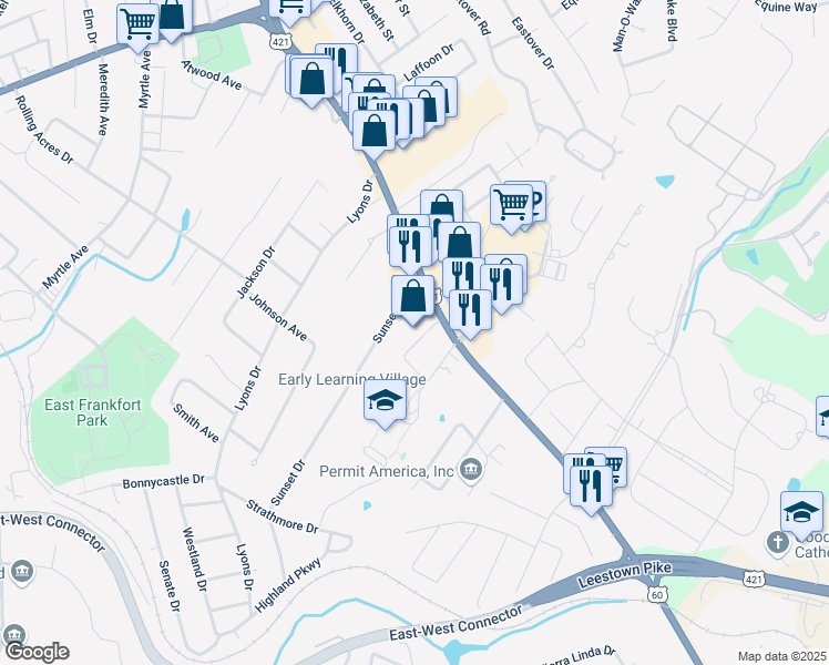 map of restaurants, bars, coffee shops, grocery stores, and more near 363 Versailles Road in Frankfort