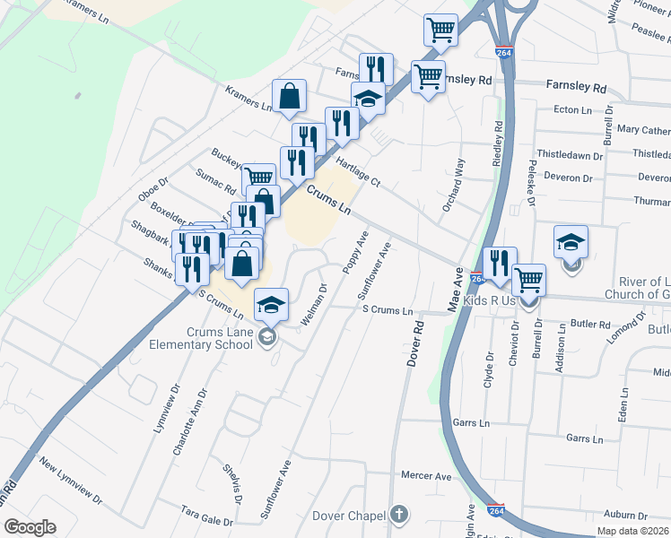 map of restaurants, bars, coffee shops, grocery stores, and more near 4103 Southern Farm Boulevard in Louisville