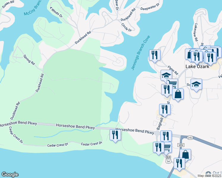 map of restaurants, bars, coffee shops, grocery stores, and more near 372-398 Willow Ridge Road in Lake Ozark