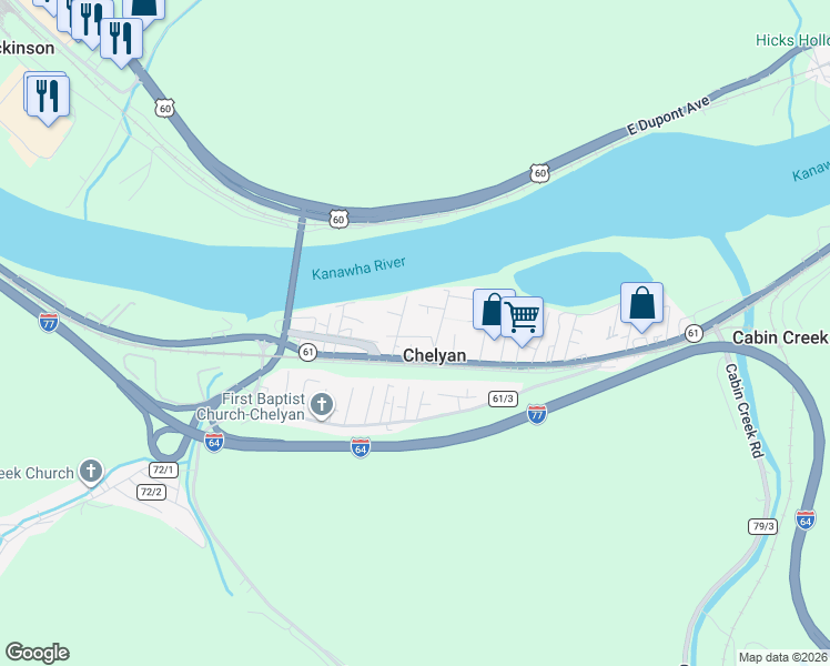 map of restaurants, bars, coffee shops, grocery stores, and more near 105 Jackson St in Kanawha