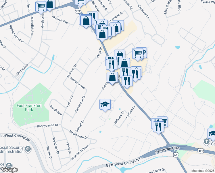 map of restaurants, bars, coffee shops, grocery stores, and more near 363 Versailles Road in Frankfort