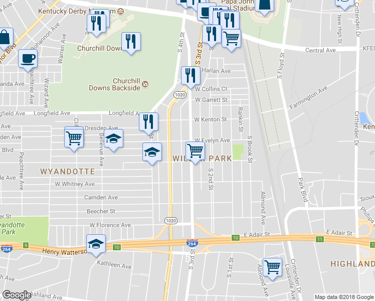 map of restaurants, bars, coffee shops, grocery stores, and more near 4116 South 3rd Street in Louisville