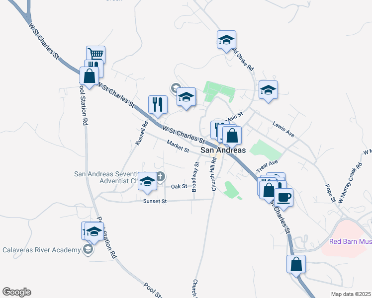 map of restaurants, bars, coffee shops, grocery stores, and more near 177 Market Street in San Andreas