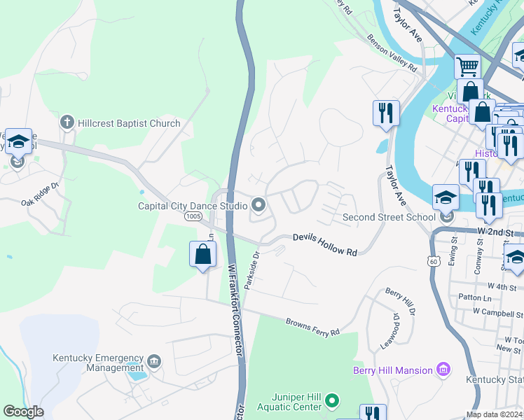 map of restaurants, bars, coffee shops, grocery stores, and more near 111 Darby Shire Circle in Frankfort