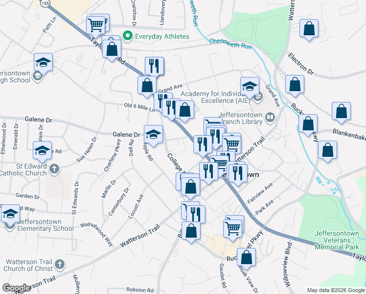 map of restaurants, bars, coffee shops, grocery stores, and more near 3019 Sprowl Road in Jeffersontown