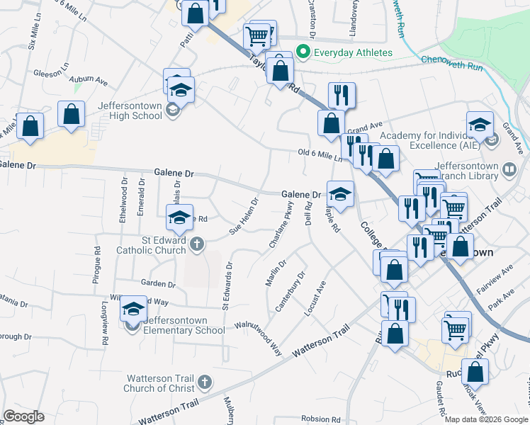 map of restaurants, bars, coffee shops, grocery stores, and more near 9728 Sue Helen Drive in Jeffersontown