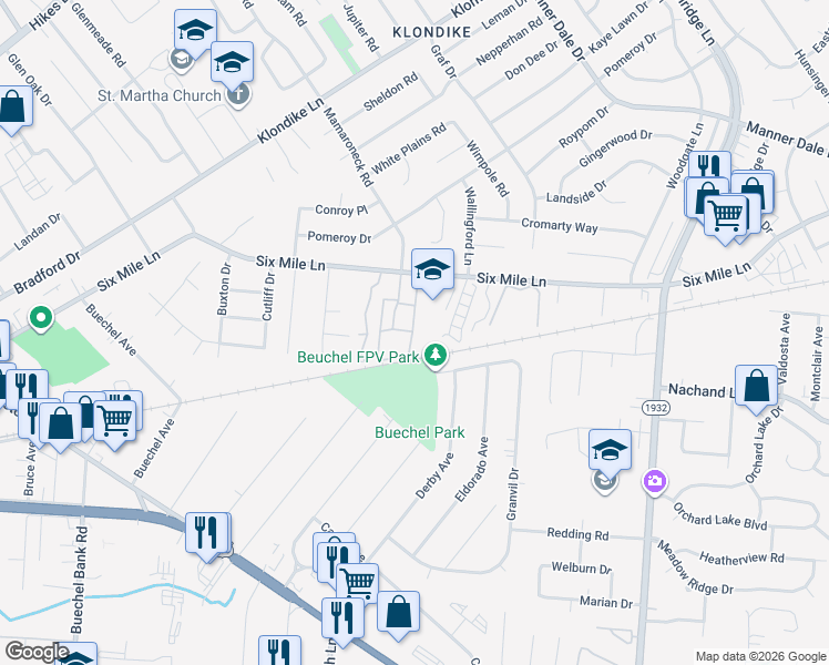 map of restaurants, bars, coffee shops, grocery stores, and more near 6302 Wisteria View Lane in Louisville