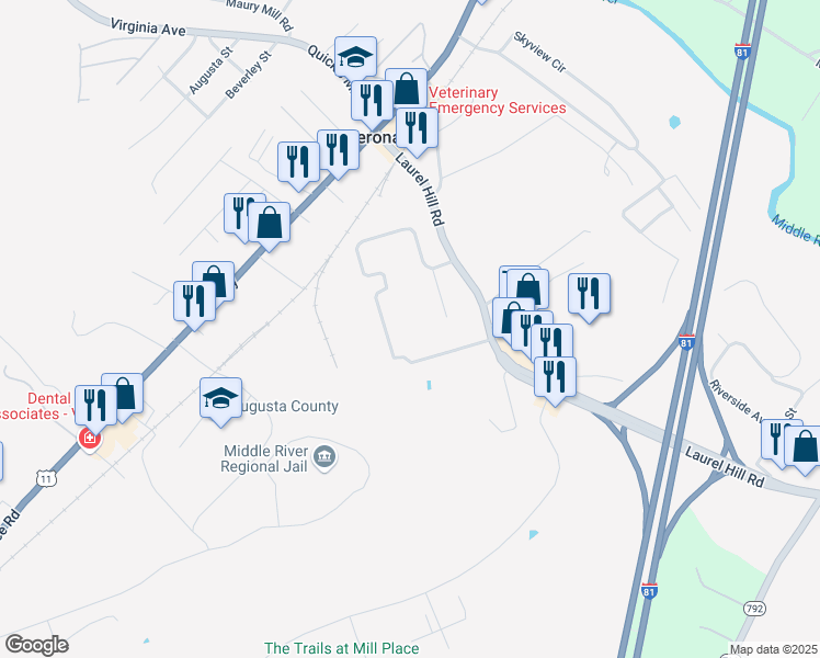 map of restaurants, bars, coffee shops, grocery stores, and more near 207 Laurel Hill Road in Verona