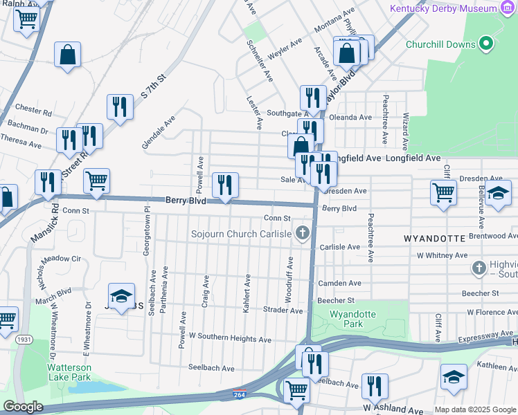 map of restaurants, bars, coffee shops, grocery stores, and more near 1412 Berry Boulevard in Louisville