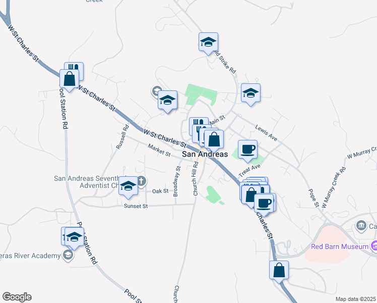 map of restaurants, bars, coffee shops, grocery stores, and more near 127 Bellview Street in San Andreas
