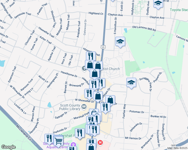 map of restaurants, bars, coffee shops, grocery stores, and more near 102 Pocahontas Trail in Georgetown