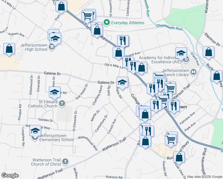 map of restaurants, bars, coffee shops, grocery stores, and more near 3324 Dell Road in Jeffersontown