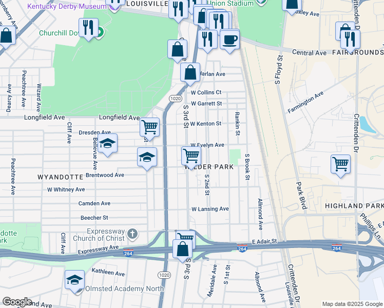 map of restaurants, bars, coffee shops, grocery stores, and more near 4116 South 2nd Street in Louisville